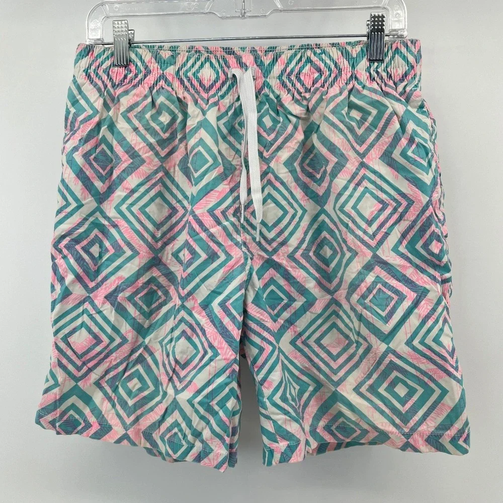 Chubbies Swim Trunks Mens Medium Teal Pink Geometric Diamond Mesh Lined Shorts